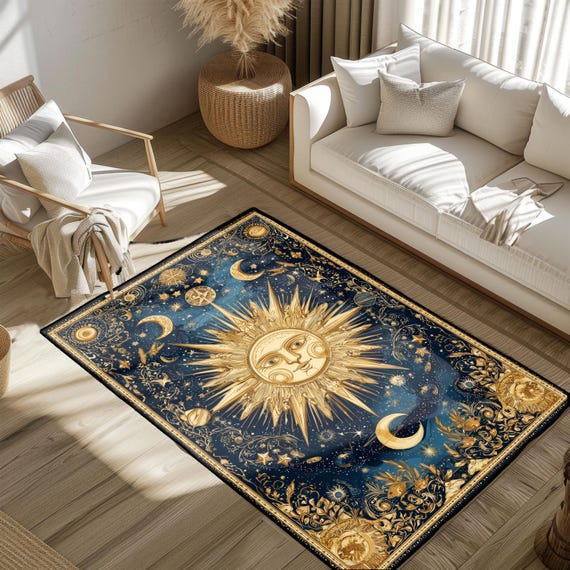 Astrology Lover Gift Rug, Tarot Reader Area Rug, Spiritual Friend Gift Floor Mat, Celestial Sun Moon Carpet, Witchcraft Decor, Meditation