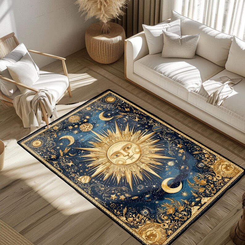 Astrology Lover Gift Rug, Tarot Reader Area Rug, Spiritual Friend Gift Floor Mat, Celestial Sun Moon Carpet, Witchcraft Decor Rug, Meditation Mat