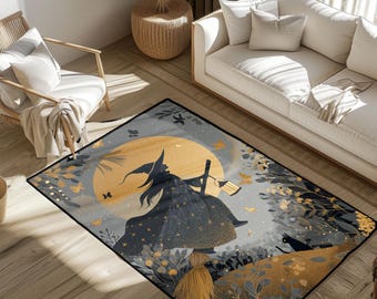 Alfombra de bruja de Halloween, alfombra de brujería, alfombra de escoba mágica, alfombra de decoración de Halloween, alfombra de noche espeluznante, alfombra de silueta de bruja, alfombra de hogar de Halloween.