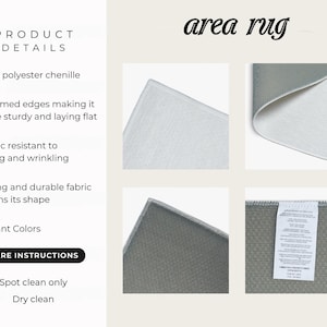 May include: Close-up images of a gray area rug. The rug is made of 100% polyester chenille with hemmed edges. The fabric is resistant to pilling and wrinkling, and retains its shape. The rug is spot clean only and dry clean.