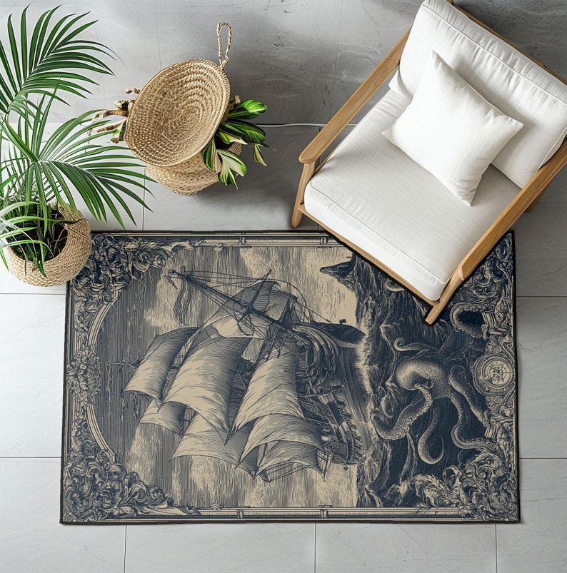 Pirate Rug Texture Kraken Attacking Ship Rug, Nautical Mythology Area Rug, Sailor Gift ...