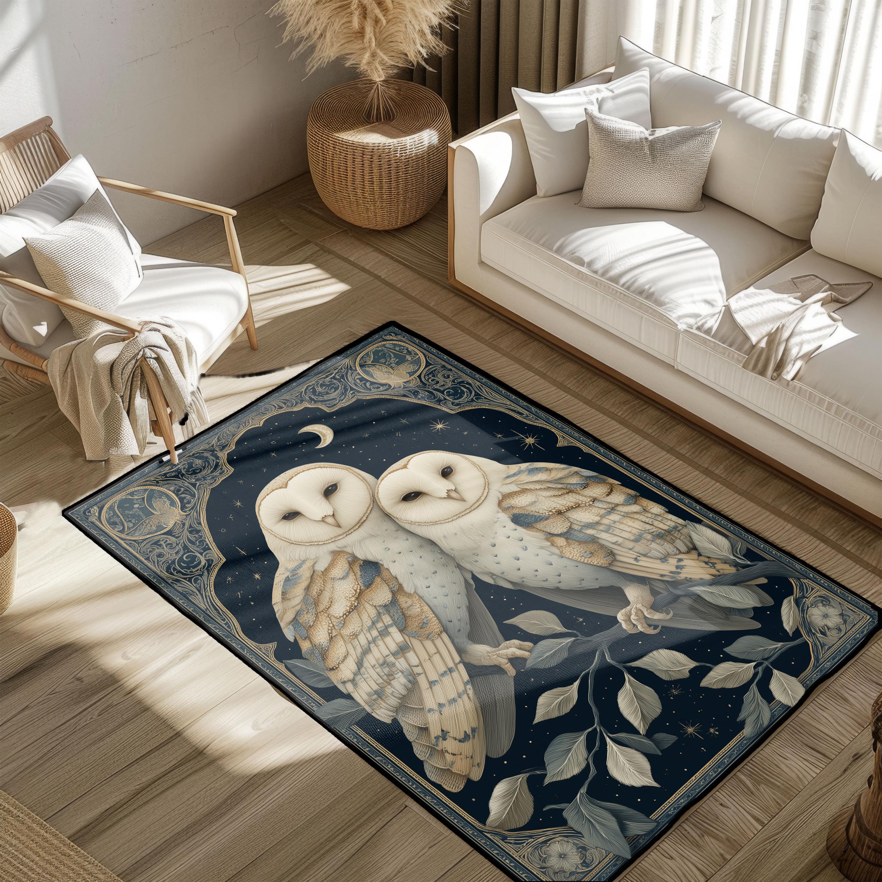 Owl Couple Rug, Celestial Moon Gift Rug, Barn Owl Wedding Gift Area Rug, Witchy Decor Floor Mat, Ann