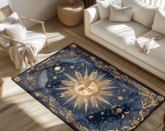 May include: A rectangular rug with a celestial design. The rug features a navy blue background with a large golden sun in the center, surrounded by stars, moons, and floral patterns. The border is a detailed gold design.