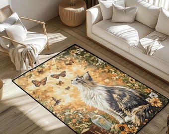 Katzen- und Schmetterlingsteppich, Cottagecore-Floral Cat Mom Bodenmatte, Geschenk für Tierarzt