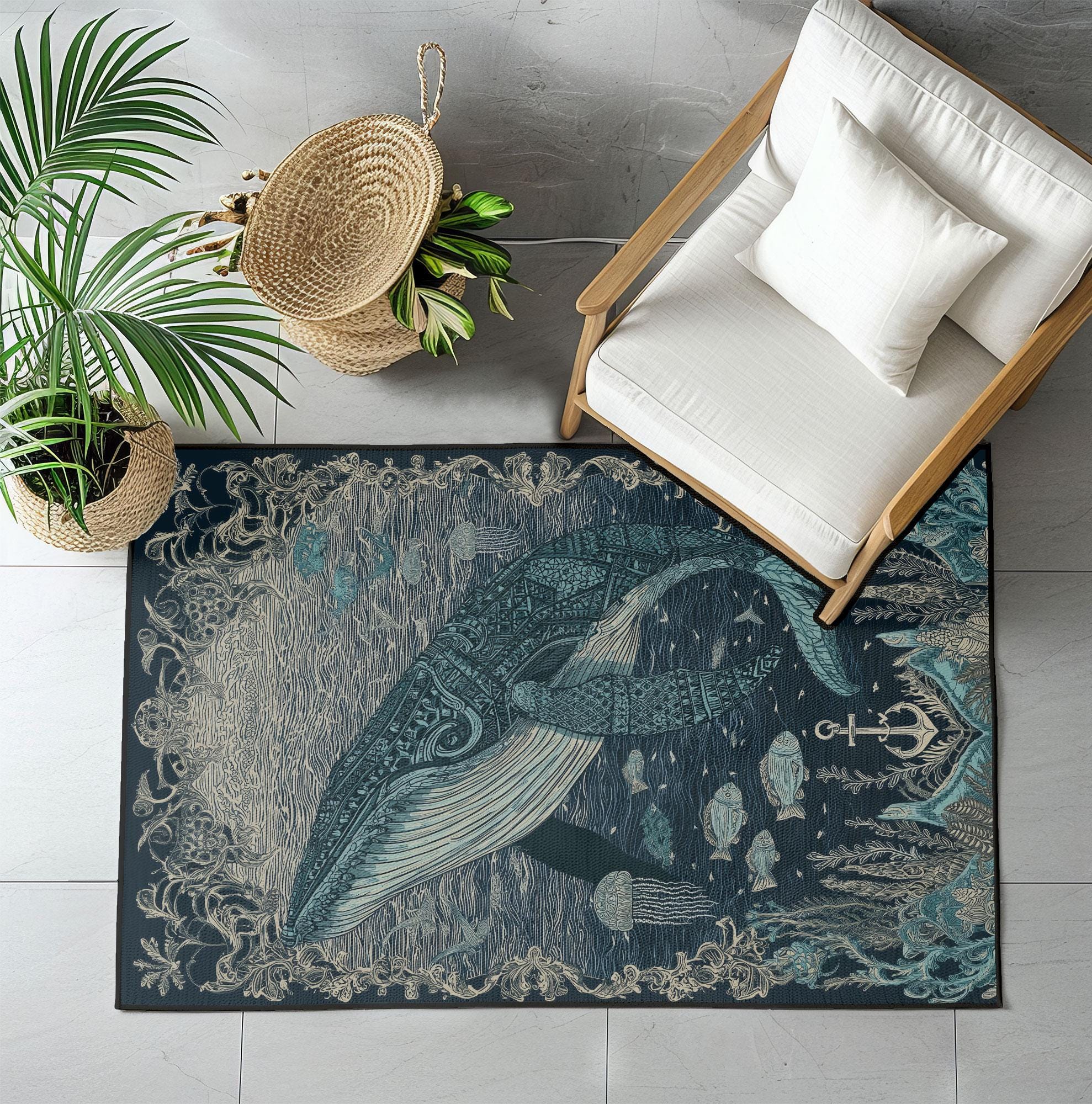 Whale Ocean Rug, Marine Life Rug, Sea Creature Rug, Nautical Decor