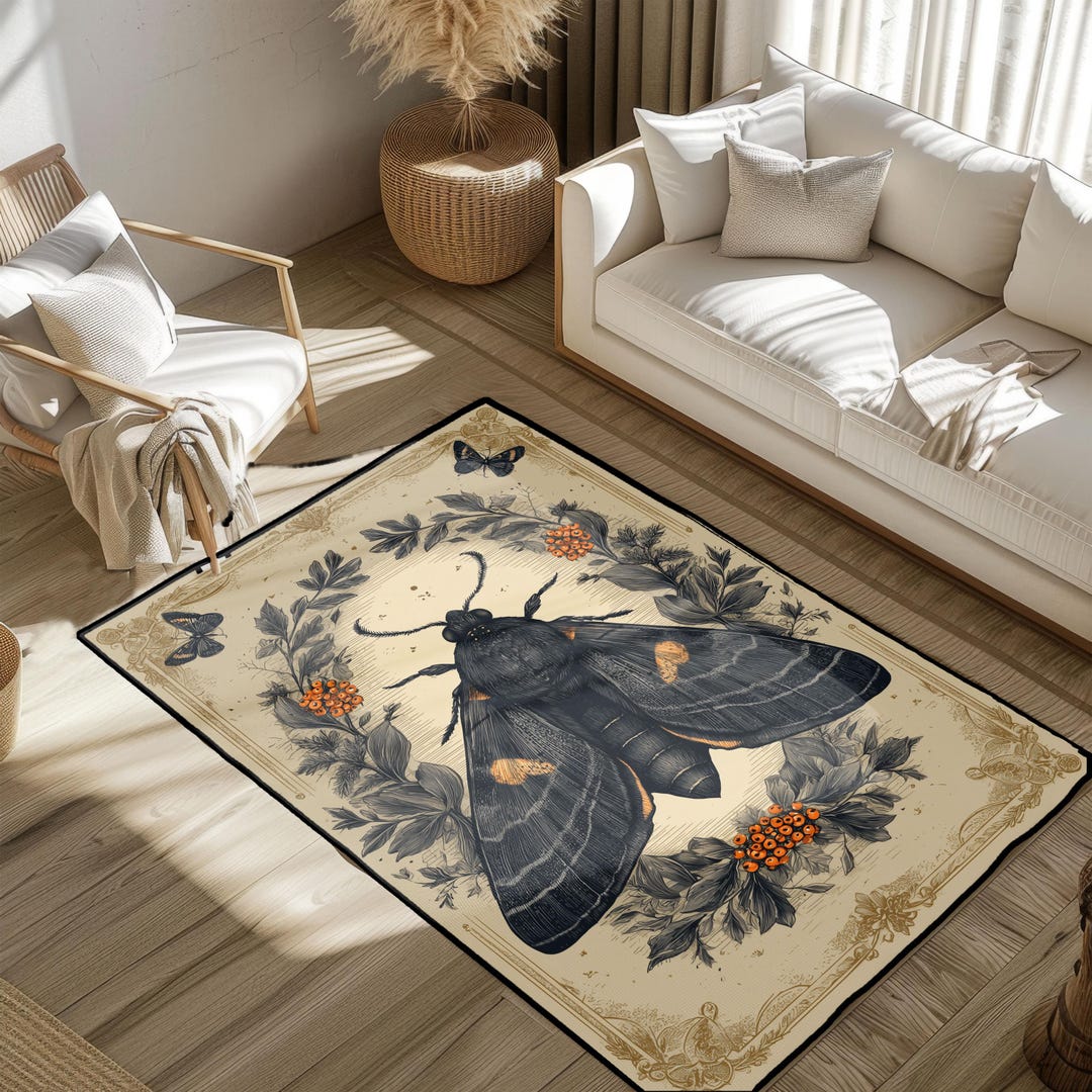 Vintage Moth Illustration Rug, Nature Insect Rug, Botanical Art Rug ...