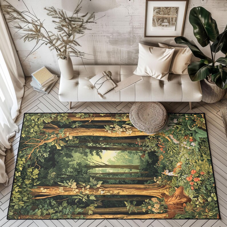 Forest Throw Rug Enchanted Forest Rug, Woodland Animal Area Rug, Vintage Tapestry Floor ...