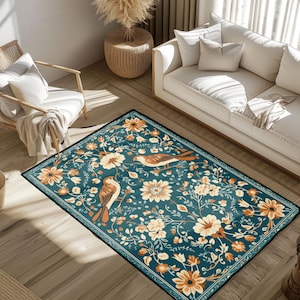 Vintage Teppich mit Vogel- und Blumenmuster, Hobbyteppich für den botanischen Garten, blaugrüner Naturteppich, Wohnkultur, eleganter Akzentteppich