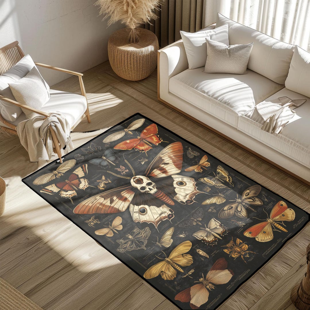 Moth Area Rug Vintage Moth and Butterfly Area Rug, Dark Academia Entomology Decor ...