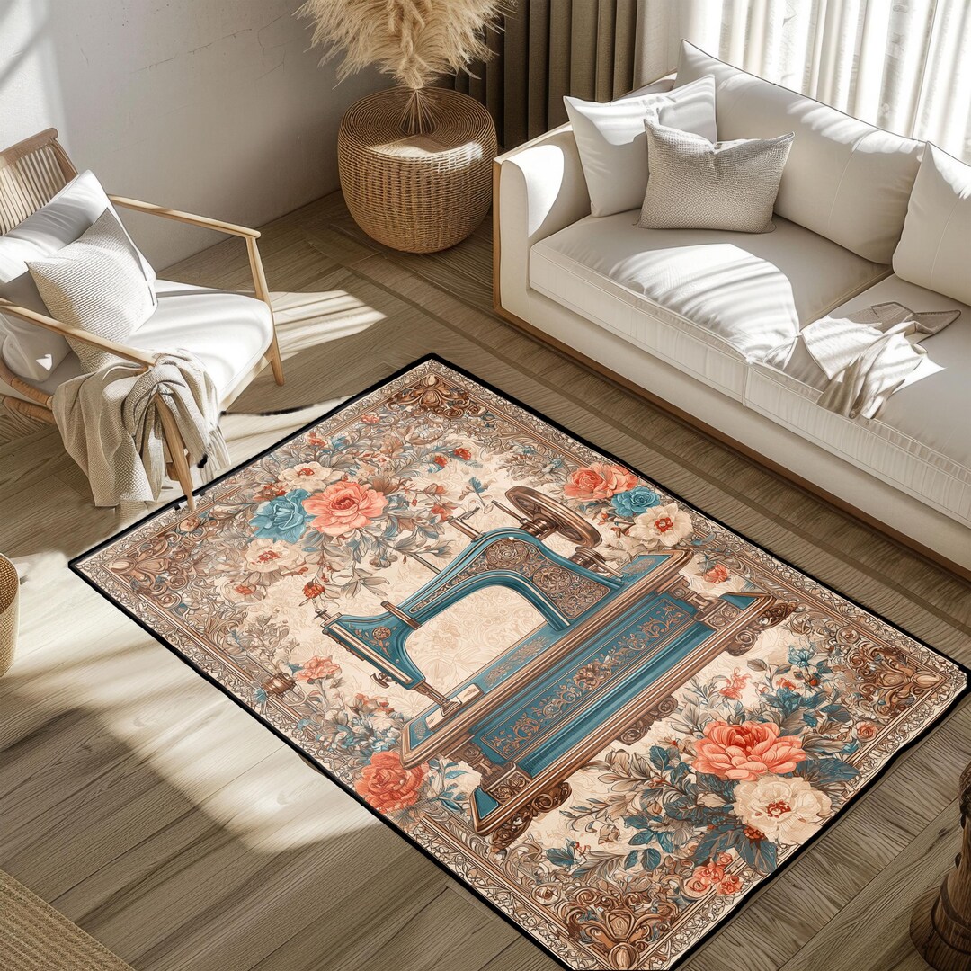 Vintage Sewing Machine Rug, Sewing Rug, Tailor Rug, Craft Hobby Rug ...