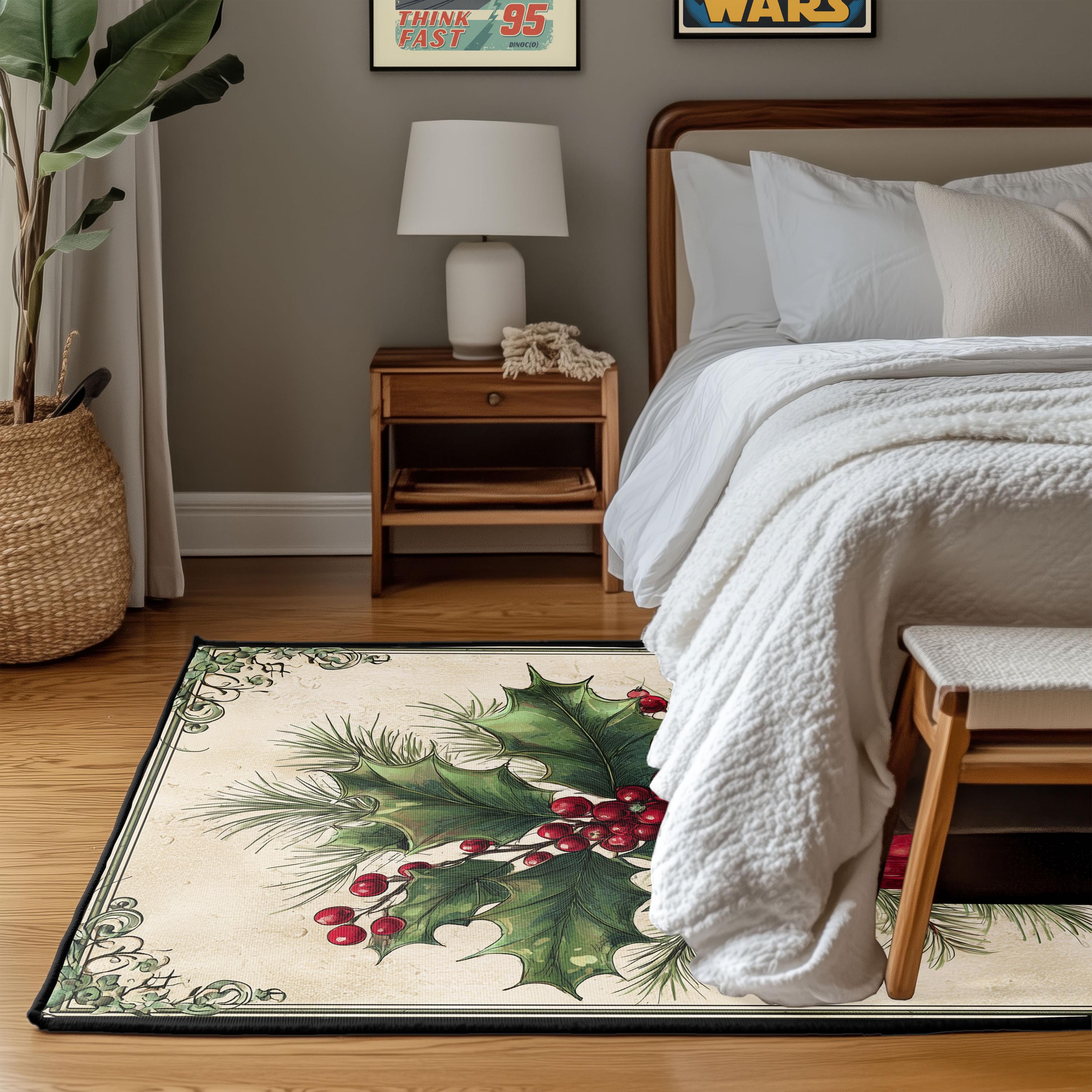Vintage Christmas Holly Rug, Traditional Red Ornament Area Rug