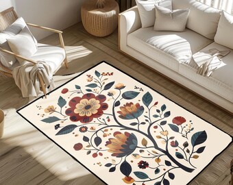 Housewarming Folk Art Floral Rug, Botanical Illustration Home Decor Rug, Scandinavian Inspired Living Room Rug, Unique Bohemian Accent Rug