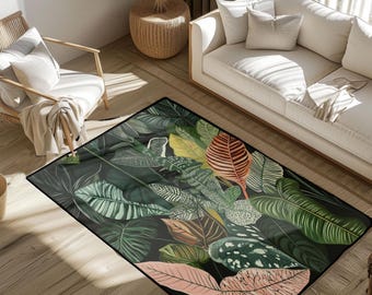 Plant Lover Gift Rug, Botanical Enthusiast Area Rug, Jungle Aesthetic Floor Mat, Housewarming Gift For New Home Rug, Tropical Leaves Decor.