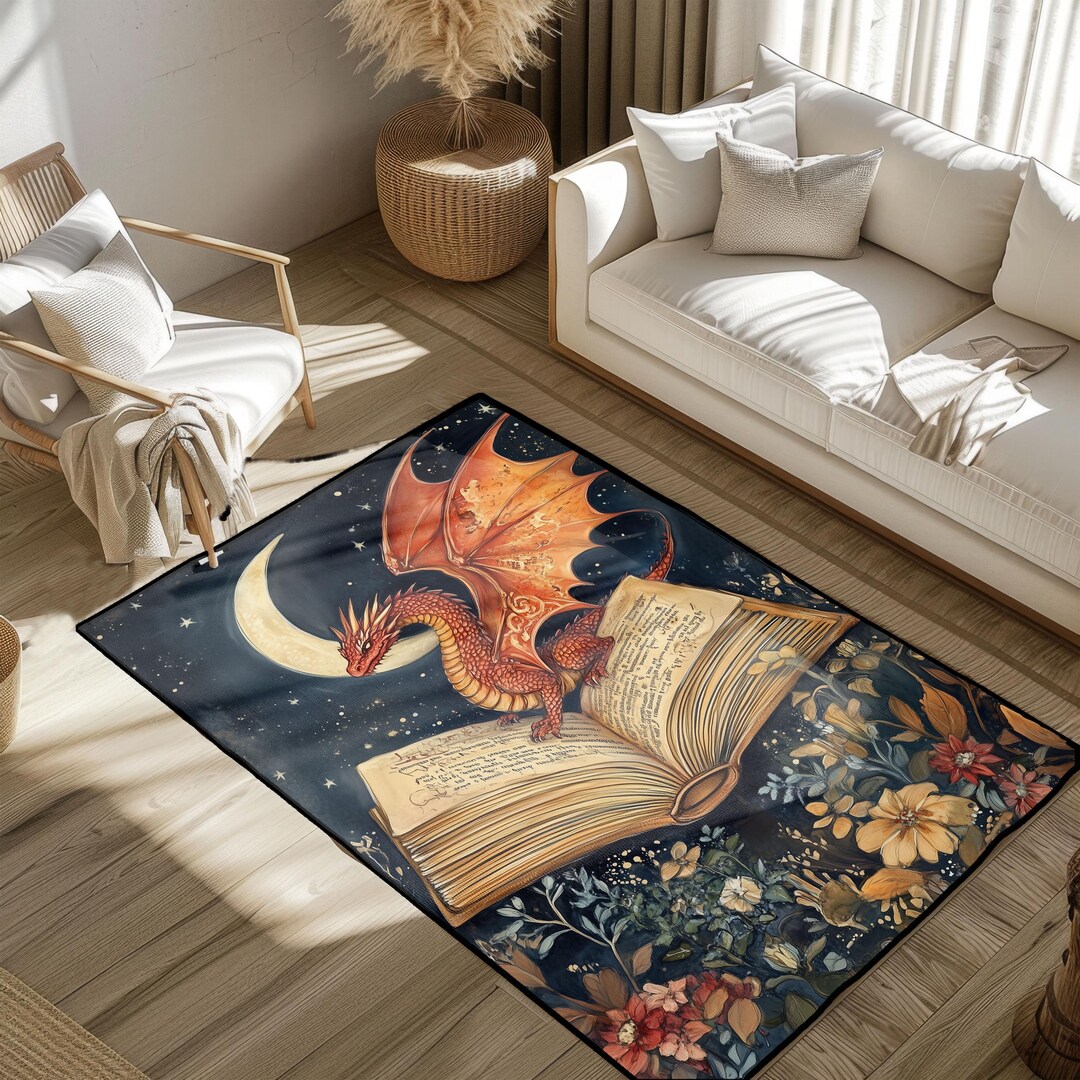 Fantasy Dragon Rug, Crescent Moon Book Rug, Cute Mythical Creature ...