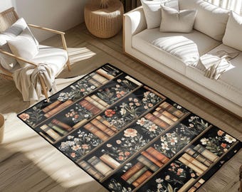 Book Lover Floral Bookshelf Rug, Gift For Reader Rug, Dark Academia Decor Rug, Librarian Hobby Rug, Writer Reading Nook Area Rug, Bookworm