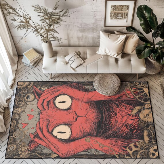 Gothic Cat Lover Rug, Steampunk Home Decor Area Rug, Surreal Dark