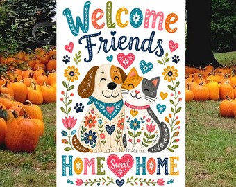 Willkommensflagge für Hunde- und Katzenfreunde, „Zuhause ist es am schönsten“-Gartenbanner für Haustiere, Gartendekoration im Volkskunststil für Hunde und Katzen, Geschenk für Tierliebhaber