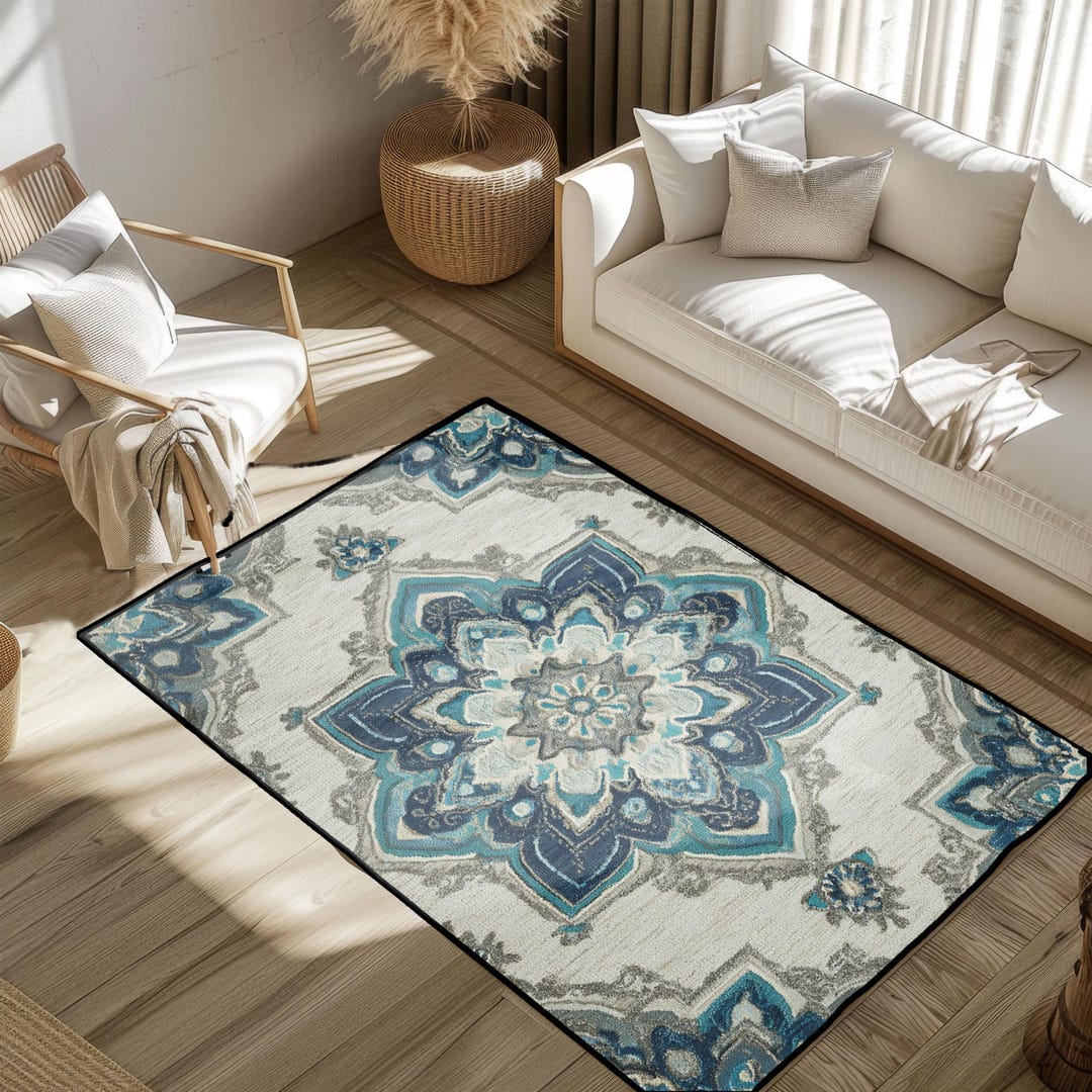 Medallion Area Rug for Living Room Decor, Distressed Blue Grey ...