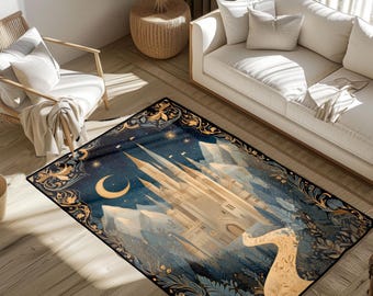 Fantasy Castle Rug, Castle Floor Rug, Magical Castle Rug, Fairy Tale Rug, Dreamland Rug, Night Sky Rug, Nautical Theme Rug, Storybook Rug.