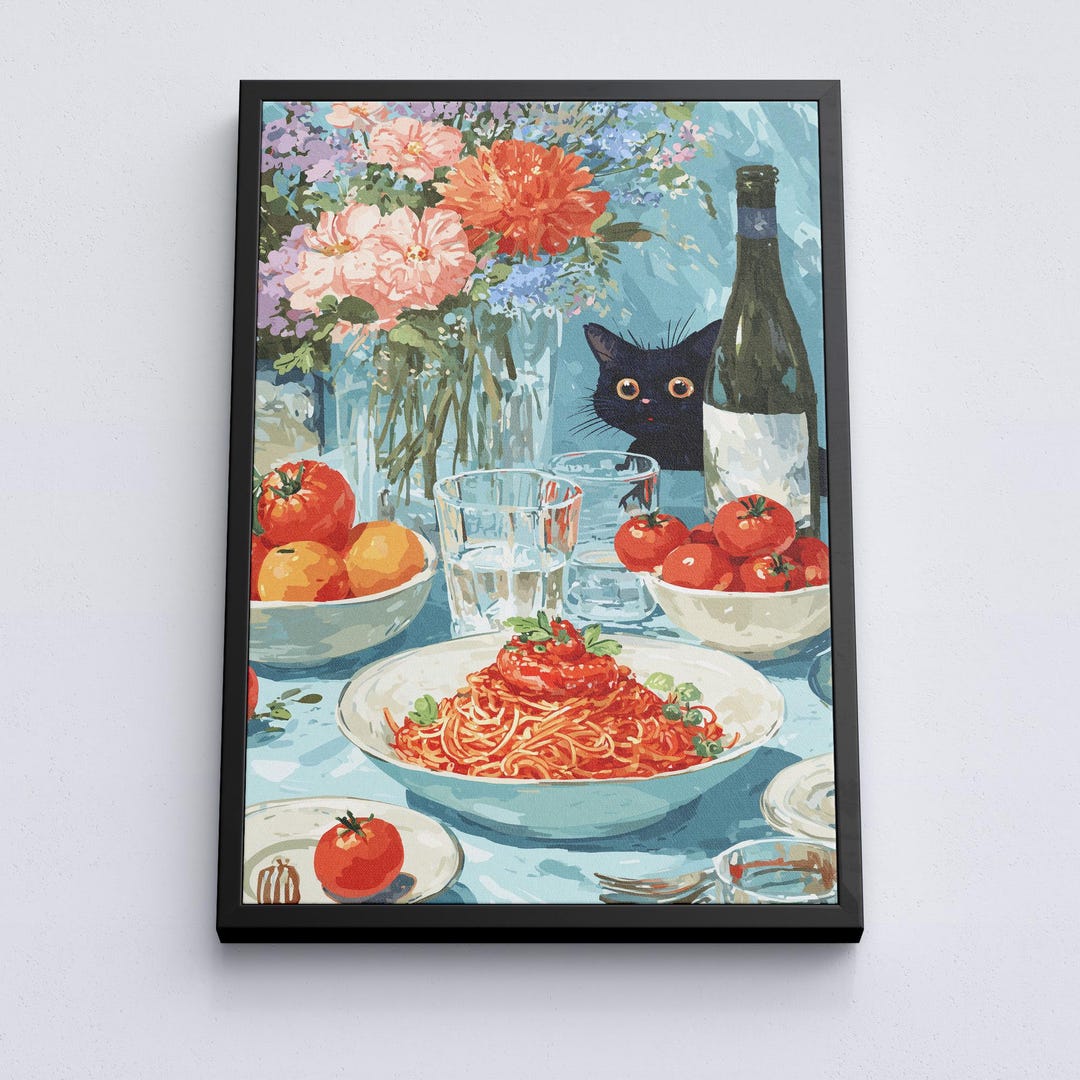 black cat chef art print: boho kitchen cooking poster... Black Cat Spaghetti Dinner Poster, Cat Lover Kitchen Canvas, Foodie ...