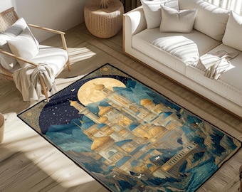 Fantasy Castle Rug, Magical Castle Rug, Moonlit Castle Rug, Night Sky Castle Rug, Adventure Lovers Rug, Storybook Rug, Fairy Tale Rug