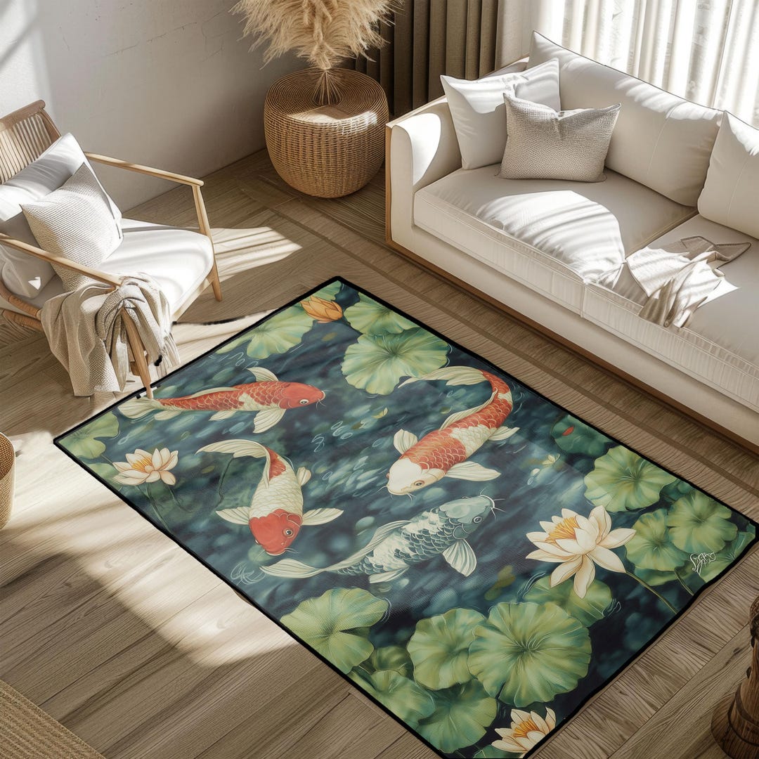 Japanese Koi Fish Pond Rug, Zen Lotus Flower Area Rug, Asian Garden ...