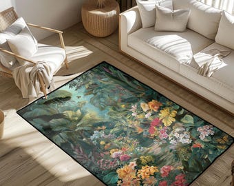 Jungle Theme Rug, Tropical Floral Carpet, Botanical Garden Area Rug, For Nature Lover Gift, Gardener Home Decor, Maximalist Interior Rug