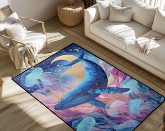Mystical Whale And Jellyfish Ocean Rug, Marine Life Rug, Celestial Sea Animals Rug, Nature Lover Rug, Ocean Fantasy Rug, Underwater World