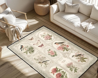 Floral Bird Nature Rug, Botanical Rug, Garden Wildlife Rug, Birdwatcher Rug, Nature Enthusiast Rug, Cottagecore Rug, Spring Decor Arena Rug.
