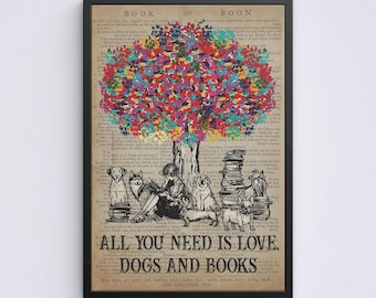 Book Lover Gift Canvas, Reading Hobby Poster, Librarian Wall Decor, Dog Mom Gift Poster, All You Need Is Love Dogs And Books Quote Print