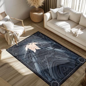 May include: A rectangular area rug featuring a gothic cathedral design under a full moon with bats. The rug has a dark color palette with shades of gray and blue, and a decorative border. The rug is placed in a living room setting.