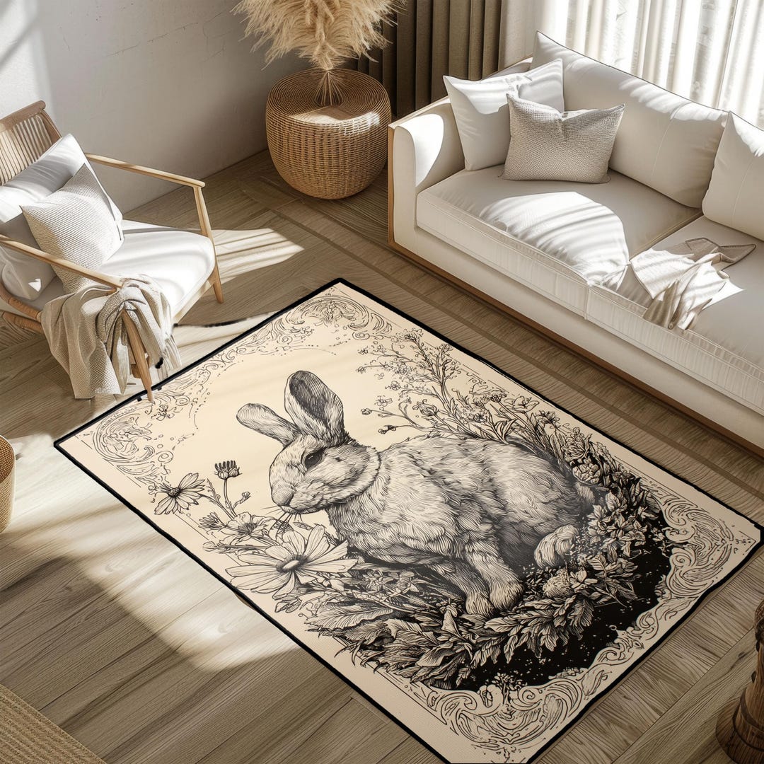 Vintage Rabbit Illustration Rug, Cottagecore Decor Area Rug, Dark ...