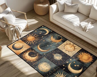 Sonne Mond Phasen Teppich, Vollmond Halbmond Sonne Teppich, Himmlische Körper Teppich, Astronomie Design Teppich, spiritueller Dekor Teppich, mystischer Kosmos Teppich Dekor.