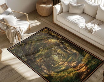 May include: Rectangular area rug featuring a nature scene of a tree-lined path. The rug has a dark brown border and a detailed image of a forest with sunlight filtering through the trees. The color palette includes greens, browns, and yellows.