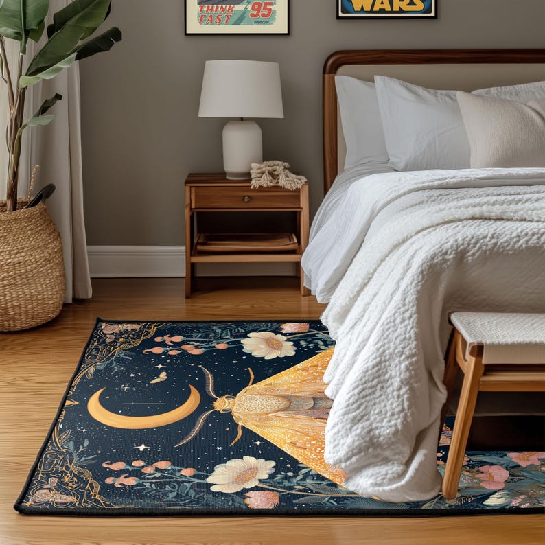 May include: A rectangular area rug with a dark blue background featuring a crescent moon, stars, and a large moth with yellow and orange wings. The rug has floral and botanical elements in pink and white, with a black border. The rug is placed on a wooden floor.