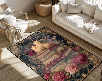 Book Lover Gift Rug, Dark Academia Decor Area Rug, Librarian Reading Floor Mat, Bibliophile Vintage Books Carpet, Romantic Author Gift Rug
