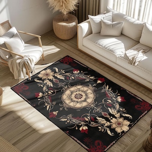 Vintage Floral Ornate Medallion Rug, Gothic Home Decor Dark Academia Rug, Traditional Pattern Elegant Living Rug, Housewarming Design Idea
