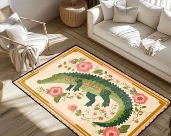 Whimsical Crocodile Rug, Floral Alligator Area Rug, Reptile Lover Gift Floor Mat, Cottagecore Home Decor Rug, Maximalist Animal Art Rug Gift