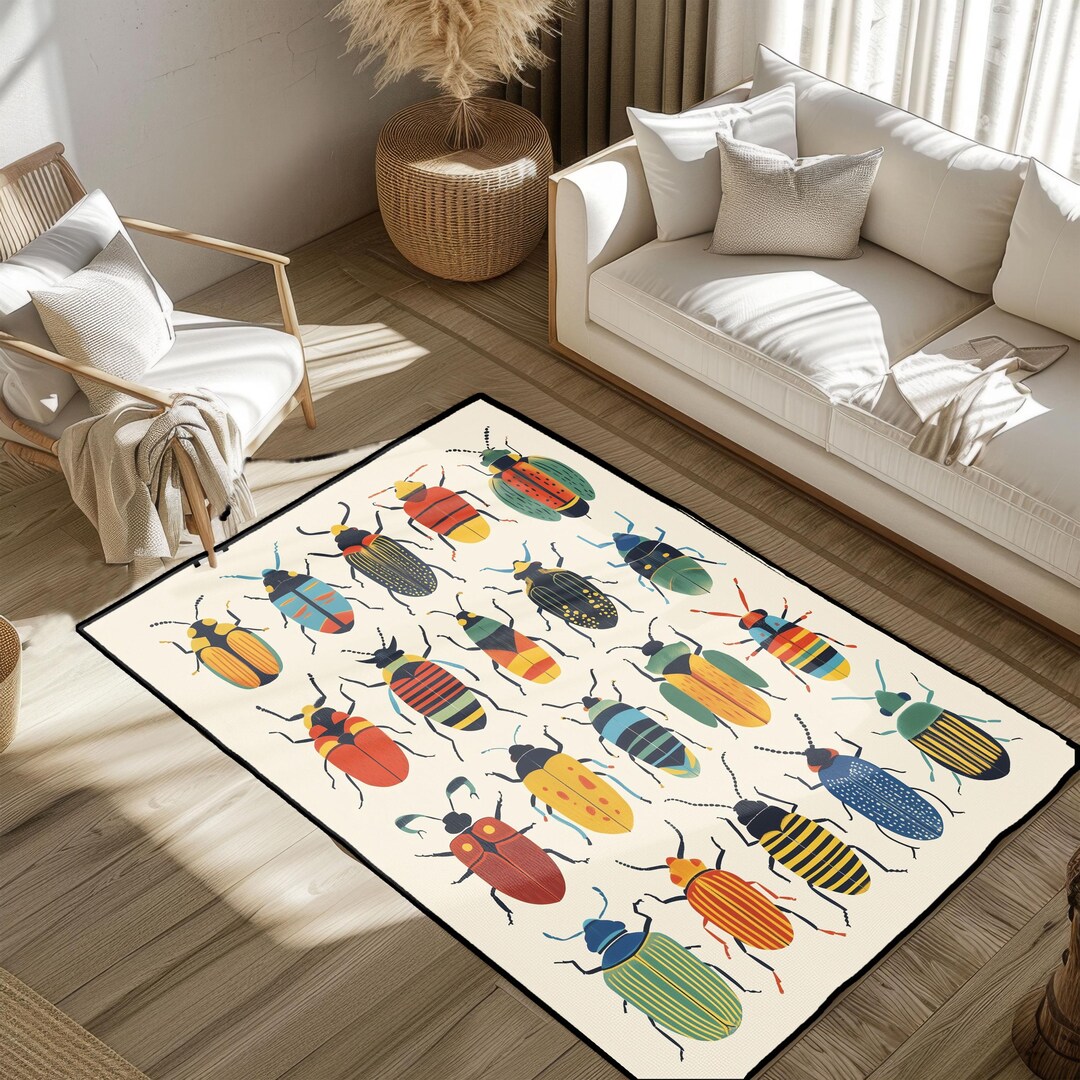 Colorful Beetle Print Area Rug, Unique Entomology Decor Rug, Vibrant ...