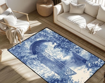 Vintage Toile De Jouy Rug, French Country Scenic Garden Rug, Romantic European Illustration Area Rug, Blue And White Cottagecore Decor Rug