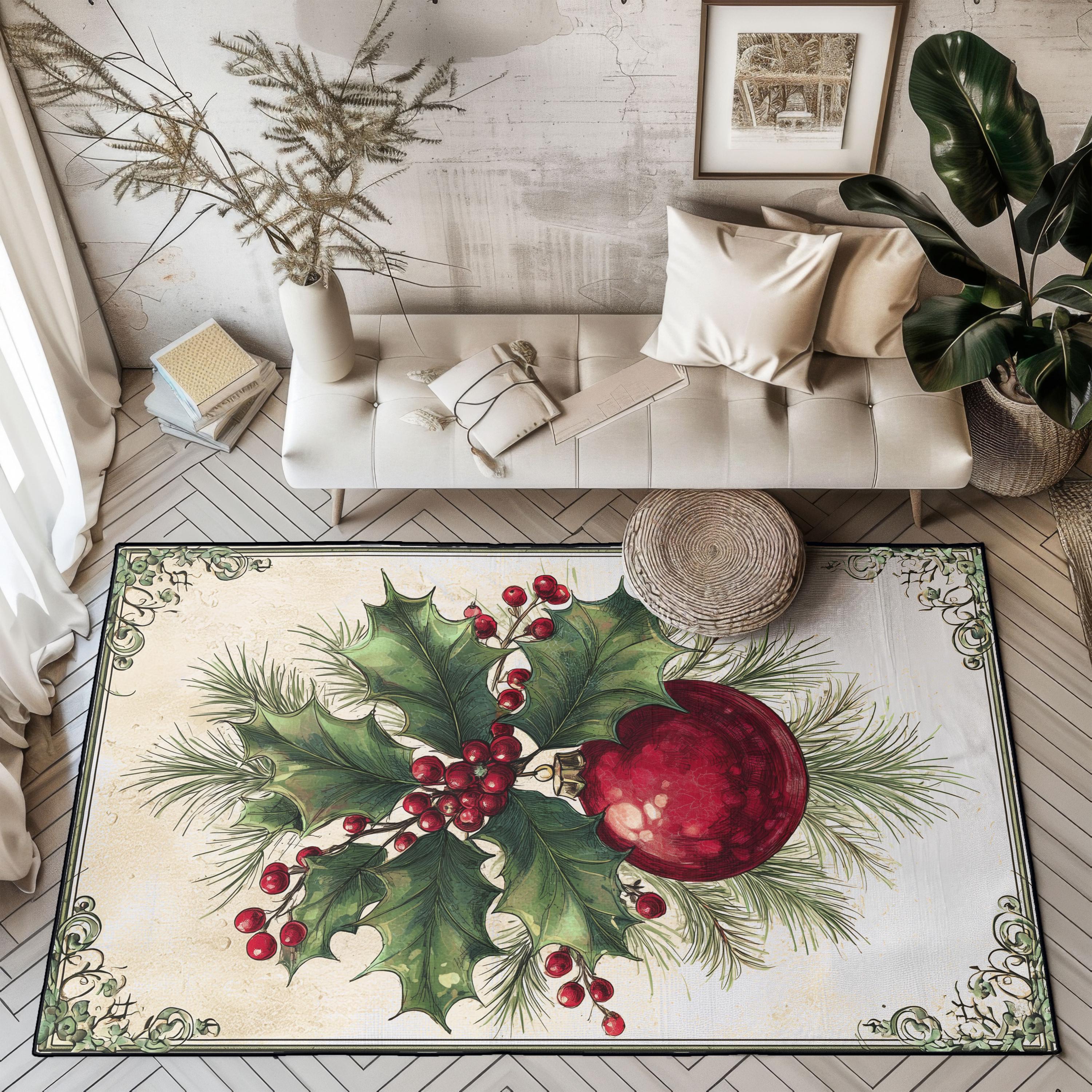 Vintage Christmas Holly Rug, Traditional Red Ornament Area Rug
