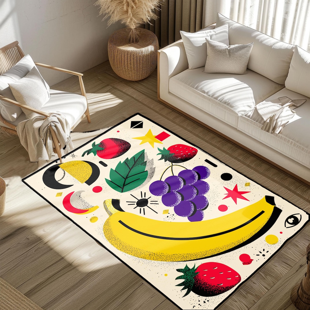 Colorful Fruit Illustration Rug, Banana Grape Strawberry Leaf Pattern ...