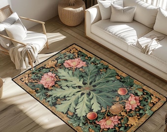 Vintage Art Lover Botanical Rug, William Morris Inspired Area Rug, Housewarming Gift For Gardener Floor Mat, Dark Academia Decor Carpet Rug