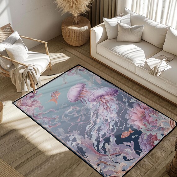 Underwater Jellyfish Ocean Sea Life Rug Marine Animal Rug Nature Lover Rug Aquatic Habitat Rug Marine Biology Rug Relaxation Decor Rug Home