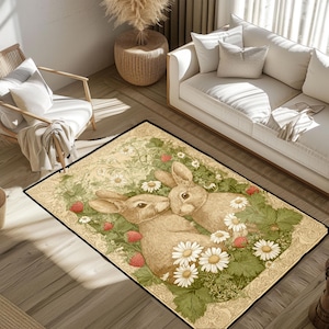 Vintage Bunny Rug, Rabbit Animal Rug, Nature Floral Rug, Cottagecore Decor Rug, Woodland Critter Rug, Garden Wildlife Rug, Kids Room Rug