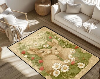 Handgeknüpfter Hasen-Teppich, Natur-Teppich, Cottagecore-Dekor, Garten-Wildtier-Teppich, Kinderzimmer-Teppich