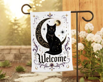 Gartenflagge mit himmlischer schwarzer Katze, Mond-Gartenbanner mit Hexenmotiv, Gotische Katzen-Willkommensdekoration für den Außenbereich, Mystische Hausflagge