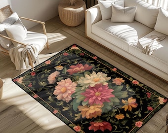 Gardener Hobby Rug, Dark Botanical Art Rug For Mom, Moody Floral Floor Mat, Victorian Flower Area Rug, Grandma Gift, New Home Decor Idea