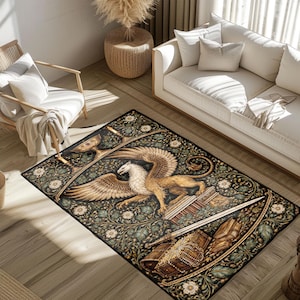 May include: A rectangular area rug with a detailed design featuring a griffin, swords, and floral patterns. The rug has a dark background with gold, brown, and green accents. The griffin is the central focus, with outstretched wings.