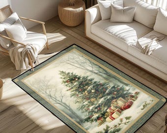 Vintage Christmas Tree Rug, Winter Forest Scene Area Rug, Traditional Holiday Decor Mat, Festive Home Carpet, Snowy Pine Tree Floor Mat